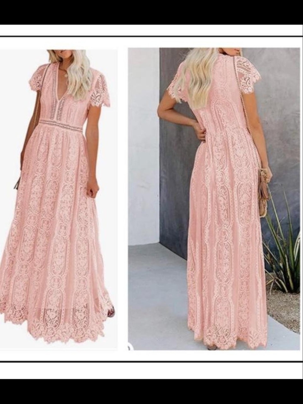 Delicate Pink Lace Maxi Dress with V-Neck and Cap Sleeves